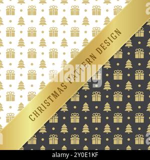 Weihnachtsmuster Vektor-Hintergrund-Design für Verpackungspapier, Grußkarte und Verpackungsdekoration. Goldene weihnachtsbäume. Stock Vektor
