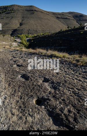Dinosaurierspuren, Valdecevillo Site, Enciso, La Rioja, Spanien, Europa Stockfoto