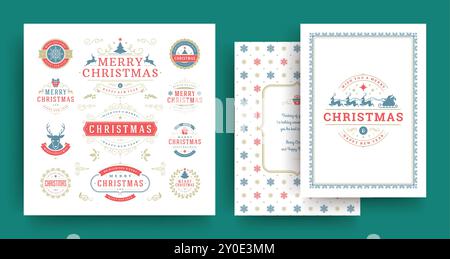 Weihnachtsetiketten und -Abzeichen Vektor-Design-Elemente mit Grußkarten-Vorlage. Frohe weihnachten und Happy New Year wünscht Vintage Typografie und s Stock Vektor