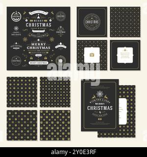 Weihnachtsetiketten und Abzeichen Vektor-Design-Elemente Set und Grußkarten Vorlagen. Frohe Weihnachten und Feiertage wünscht Retro-Typografie Dekoration o Stock Vektor