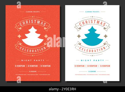 Weihnachtsfeier Flyer Einladung Retro Typografie und Dekorationselemente. Posterdesign zu Weihnachten. Vektorabbildung. Stock Vektor