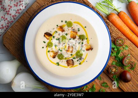 Kalte spanische Tapa-Suppe von Ajoblanco mit Trauben. Tisch mit Panoramablick und Weihnachtsdekoration. Stockfoto