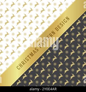 Weihnachtsmuster Vektor-Hintergrund-Design für Verpackungspapier, Grußkarte und Verpackungsdekoration. Goldene Schneeflocken und Hirsche. Stock Vektor