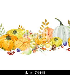 Nahtloser Rand mit orangefarbenen und weißen Kürbissen und Äpfeln, Herbstset mit Elementen. Aquarellillustration von Kürbissen und Äpfeln verschiedener Sorten Stockfoto