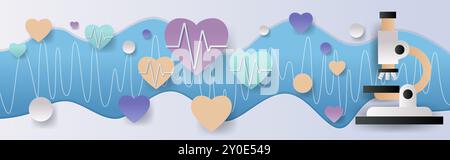 Medizinisches Forschungskonzept mit Mikroskop Herzformen und EKG-Linien in Papierschnitt Stil blau und pastellfarbene Hintergrund wissenschaftliches Thema Stock Vektor