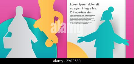 Silhouettenfiguren im Papierschnitt auf lebendigen Hintergründen mit geometrischen Formen und Verläufen Moderne Designelemente für Website oder Banner Stock Vektor