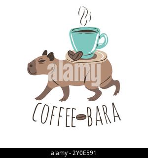 Lustige Capybara mit einer Tasse Cappuccino Kaffee und Kaffeebohnen Illustration Stock Vektor