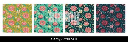 Set aus 4 indischen Blumenmustern mit abstrakten nachlaufenden Blumen und Blättern Stock Vektor