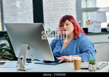 Eine große Frau mit rosa Haaren arbeitet an ihrem Computer. Stockfoto