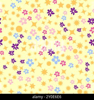 Nahtloses Blumenmuster. Blumen- und Sternmuster, Lavendel und Rosa. Stock Vektor