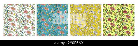 Set aus 4 indischen Blumenmustern mit abstrakten nachlaufenden Blumen und Blättern Stock Vektor