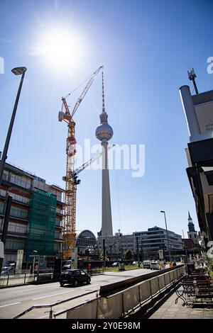 Baukraehne und der Fernsehturm am Alexanderplatz in Berlin am 13. August 2024. Baustelle am Alexanderplatz *** Baukrane und Fernsehturm am Alexanderplatz in Berlin am 13. August 2024 Baustelle am Alexanderplatz Stockfoto