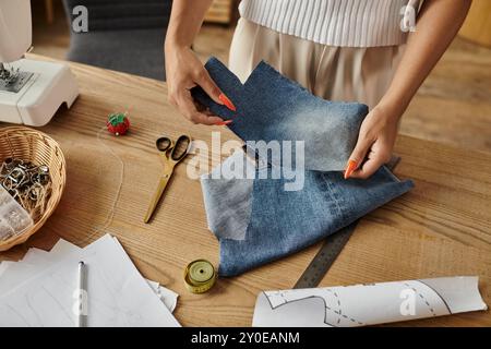 Eine Frau verwandelt ihre alten Kleidungsstücke freudig in neue Designs. Stockfoto