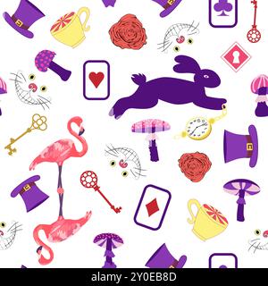 Alice im Wunderland Muster: Kaninchen, Cheshire Katze, Flamingo, Karten, Hut, Schlüssel Tasse Pilze Uhr und Rosen Stock Vektor