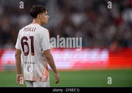 Turin, Italien. 1. September 2024. Niccolo Pisilli von AS Roma schaut während des Fußballspiels der Serie A zwischen Juventus FC und AS Roma zu. Quelle: Nicolò Campo/Alamy Live News Stockfoto