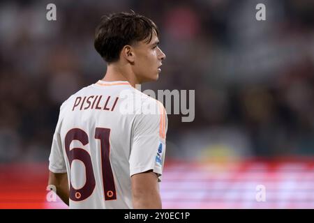 Turin, Italien. 1. September 2024. Niccolo Pisilli von AS Roma schaut während des Fußballspiels der Serie A zwischen Juventus FC und AS Roma zu. Quelle: Nicolò Campo/Alamy Live News Stockfoto