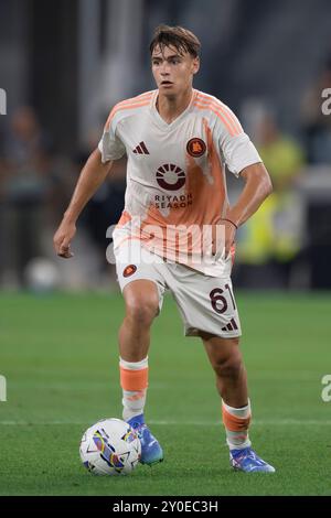 Turin, Italien. 1. September 2024. Niccolo Pisilli von AS Roma in Aktion während des Fußballspiels der Serie A zwischen Juventus FC und AS Roma. Quelle: Nicolò Campo/Alamy Live News Stockfoto