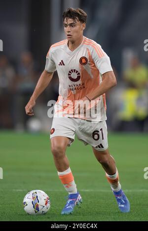 Turin, Italien. 1. September 2024. Niccolo Pisilli von AS Roma in Aktion während des Fußballspiels der Serie A zwischen Juventus FC und AS Roma. Quelle: Nicolò Campo/Alamy Live News Stockfoto