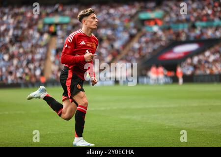 Alejandro Garnacho feiert das Eröffnungstreffer für Manchester United - Manchester City gegen Manchester United, FA Community Shield, Wembley Stadium, London, UK - 10. August 2024 nur zur redaktionellen Verwendung Stockfoto