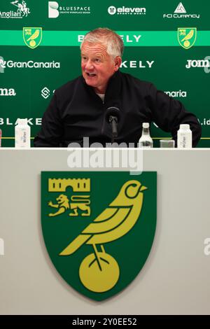 Chris Wilder Head Coach der Sheffield Unit bei der Pressekonferenz nach dem Spiel - Norwich City gegen Sheffield United, Sky Bet Championship, Carrow Road, Norwich, Großbritannien - 24. August 2024 nur redaktionelle Verwendung - DataCo-Einschränkungen gelten Stockfoto