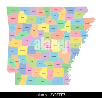 Arkansas, US-Bundesstaat, unterteilt in 75 Countys, mehrfarbige politische Karte mit Hauptstadt Little Rock, Grenzen und County-Namen. Stockfoto