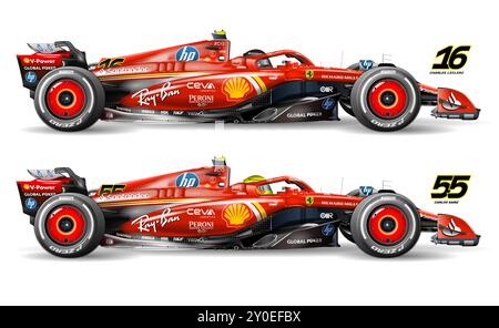 Monza, Italien, 1. september 2024, Ferrari SF-24 Formel 1, Sieger Charles Leclerc Nummer 16 und Carlos Sainz Nummer 55, F1-Weltmeisterschaft 2024, illu Stockfoto