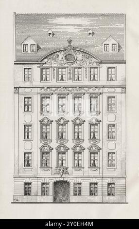 Vintage-Illustration von Dresden. Das Barockhaus zwischen 1715 und 1740 an der Wilsdruffer Straße Nr. 7 (Goldener Engel). Deutschland. 1903. Sehr stattliches Gebäude. Die westliche Hälfte des Gebäudes hat fünf Stockwerke und sechs Frontfenster, von denen die vier in der Mitte eine reich verzierte Vorlage bilden, die oben von einem breiten Bogengiebel mit Ochsenauge veredelt wird. Stockfoto