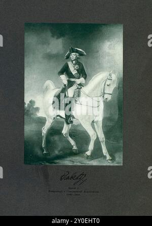 Paul I. von Russland. 1796-1801 war Paul I. (Pawel I. Petrowitsch; 1754–1801) Kaiser von Russland von 1796 bis zu seiner Ermordung im Jahr 1801. Paulus blieb die meiste Zeit seines Lebens von seiner Mutter Katharina der Großen überschattet. Er übernahm die Gesetze der Thronfolge – Regeln, die bis zum Ende der Romanow-Dynastie und des Russischen Reiches galten. Er intervenierte auch in den Französischen Unabhängigkeitskriegen und fügte gegen Ende seiner Herrschaft Kartli und Kachetis in Ostgeorgien hinzu, was von seinem Sohn und Nachfolger Alexander I. bestätigt wurde Stockfoto