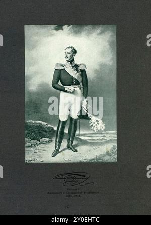 Nikolaus I. von Russland. 1825-1855 war Nikolaus I. (1796–1855) Kaiser von Russland, König von Polen und Großherzog von Finnland. Er war der dritte Sohn von Paul I. und jüngerer Bruder seines Vorgängers Alexander I. Nikolaus' dreißigjährige Herrschaft begann mit dem gescheiterten Dekabristen-Aufstand. Seine Herrschaft war geprägt von geographischer Expansion, Zentralisierung der Verwaltungspolitik und Unterdrückung von Meinungsverschiedenheiten sowohl in Russland als auch unter seinen Nachbarn. Nicholas hatte eine glückliche Ehe, die eine große Familie hervorbrachte; alle sieben Kinder überlebten ihre Kindheit. Stockfoto