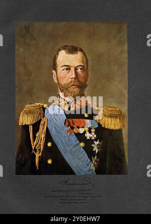 Porträt von Nikolai II. Nikolai II. (Nikolai Alexandrowitsch Romanov, 1868–1918) oder Nikolai II. War vom 1. November 1894 bis zu seiner Abdankung am 15. März 1917 der letzte amtierende Kaiser Russlands, König von Kongresspolen und Großherzog von Finnland. Stockfoto