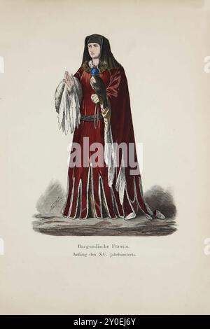 Historische und volkstümliche Trachten Europas. Eine burgundische Prinzessin zu Beginn des 15. Jahrhunderts. Die Dame trägt einen Anzug aus rotem Samt, der vollständig mit weißem Fell gefüttert ist, das an allen Nähten herauskommt, die Figur verdeckt und nur eine ziemlich hohe Taille zeigt, die ziemlich tief unter der Brust geschnitten ist. Die beiden Ärmel unterscheiden sich voneinander; der linke Arm ist glockenförmig und reicht nur bis zur Hälfte des Unterarms an der Vorderseite. Der Saum des Kleides ist, wie der des linken Ärmels, in Zatteln geschlitzt, wobei der mittlere Schlitz auf der Vorderseite des Kleides bis zum Knie reicht. Der rechte Sleev Stockfoto