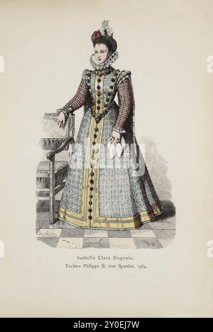 Historische und volkstümliche Trachten Europas. Isabella Clara Eugenia, Tochter von Philipp II. Von Spanien, 1584 Isabella Clara Eugenia (Spanisch Isabel Clara Eugenia; 1566–1633) war Herrin der spanischen Niederlande, die mit ihrem Ehemann Erzherzog Albert VII. Von Österreich die Niederlande umfassten. Ihre Herrschaft gilt als das Goldene Zeitalter der spanischen Niederlande, das nach dem Friedensschluss mit der abtrünnigen niederländischen Republik eine Wiederbelebung ihrer Wirtschaft und Künste erlebte. Isabella war eine der mächtigsten Frauen im Europa des 16. Und 17. Jahrhunderts. Das Kleid mit einem Hig Stockfoto