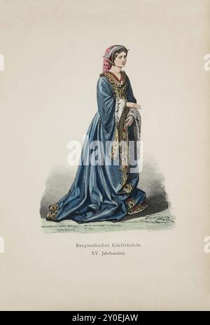 Historische und volkstümliche Trachten Europas. Adelige von Burgund. 15. Jahrhundert. Das Kleid aus schwerem blauem Stoff, wahrscheinlich Damast, scheint so geschnitten zu sein, dass es heilig aussieht, wobei die Teile von Mieder und Rock jeweils aus einem Stück bestehen; zumindest gibt es keine sichtbare Rocknaht auf der Vorderseite. Der Rock ist sehr lang, so dass er auch vorne auf dem Boden liegt, während er einen relativ kurzen Zug zieht. Das Dekolleté des Gewandes, das spitz ausgeschnitten ist und bis zur Hälfte das Schlüsselbein hinunter reicht, zeigt das ähnlich herzförmige rote Unterkleid, das tr ist Stockfoto