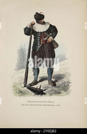 Historische und volkstümliche Trachten Europas. Oberösterreichischer Bauer. Zeit des Österreichischen Bauernkrieges, 1626 der düstere Charakter dieser Zeit spiegelt sich in der traditionellen Tracht treu wider. Die Kleidung des „Bauernaufständischen“, wie die katholische Partei ihre Gegner nannte, ist extrem einfach im Schnitt und extrem grob im Stoff. Am Oberkörper trägt er zunächst eine Art Weste aus rotem oder schwarzem Tuch (Brustfleck) und darüber eine jacken-ähnliche Wamms, beide Kleidungsstücke mit Metallknöpfen. Die Ärmel des Wimperntuchs sind an Schultern und Handgelenken gefaltet, ansonsten aber eng anliegend. Ein breites leinenruf Stockfoto