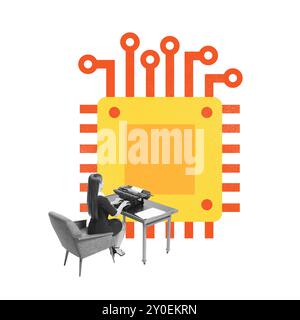 Poster. Zeitgenössische Kunstcollage. Frau, die mit Mikrochip-Hintergrund tippt, symbolisiert die Programmierung und Entwicklung komplexer Algorithmen. Stockfoto