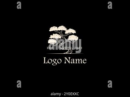 Vintage-Bonsaibaum-Logo, Retro, alt, aber modern und minimalistisch, editierbare Farbe Stock Vektor