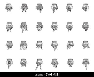 Set mit Drahtdarstellung von Personen, die in verschiedenen Positionen auf Stühlen sitzen, von schwarzen Linien isoliert auf weißem Hintergrund. Männer, Frauen und Kinder sitzen auf mir Stock Vektor