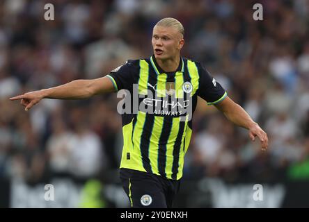 Erling Haaland aus Manchester City. - West Ham United gegen Manchester City, Premier League, London Stadium, London, UK - 31. August 2024. Nur redaktionelle Verwendung – es gelten Einschränkungen für DataCo. Stockfoto