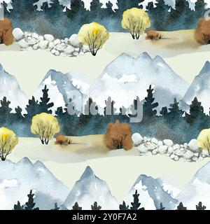 Nahtloses Muster in den Bergen und im Wald. Abstrakte Landschaft handgezeichnet. Stockfoto