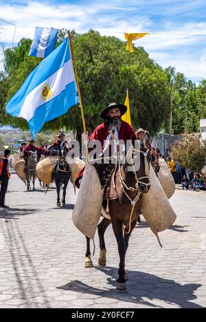 Ein bärtiger Gaucho in traditioneller Kleidung trägt eine argentinische Flagge, die bei einer Parade in Cachi, Argentinien, reitet. Kuhfell-Guardemonten schützen Th Stockfoto