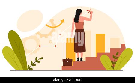 Wachstum der beruflichen Laufbahn, Selbstmanagement und -Planung, Führung. Winzige Frau, die Pfeil nach oben mit Bleistift zeichnet, Manager, der auf Leiter oben zur professionellen Erfolg Cartoonvektor-Illustration steht Stock Vektor