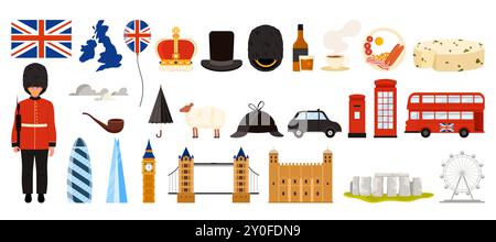 Reisen Sie nach Großbritannien, London Set. Wahrzeichen, Lebensmittel- und Kultursymbole und Aufkleber Sammlung mit Flagge und Karte, Telefonkabine und Wache, Königin Krone, Whisky Cartoon Vektor Illustration Stock Vektor