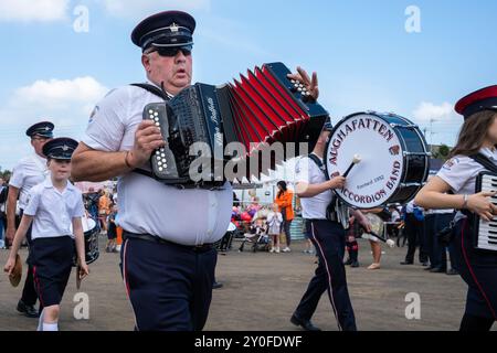 Aghafatten Accordion Band, die bei der jährlichen Parade der Royal Black Institution am vergangenen Samstag in Ballee eintraf. Ballymena, Großbritannien - 31. August 2024. Stockfoto