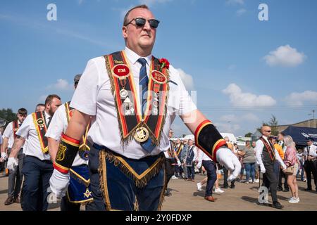 Mitglieder von Aghalee Star of Peace RBP 357, die während des jährlichen Co. In Ballee eintreffen. Antrim Grand Black Chapter Parade. Ballymena, Großbritannien - 31. August 2024. Stockfoto