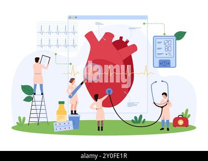 Kardiologie-Checkup für Diagnose, Prävention und Behandlung. Winzige Leute überprüfen Blutdruck mit Sphygmomanometer, überwachen Herzgesundheit, Herzschlag mit Elektrokardiogramm Cartoonvektor Illustration Stock Vektor