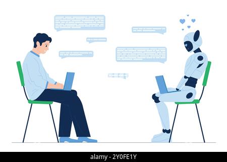 Online-Interaktion zwischen Roboter und Mensch im Chat. Man Kunde und Bot tippen Nachrichten auf Laptops, interaktive Unterhaltung des Benutzers mit automatisierter virtueller Assistent Cartoonvektorillustration Stock Vektor