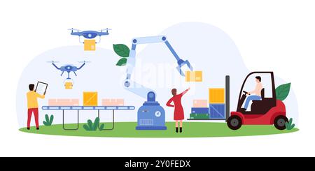 Automatisierung des Ladens und Vertriebs von Waren im Fabriklager, intelligenter Fertigungsprozess. Winzige Menschen und Roboterarm Ladeboxen vom Förderband zur Gabelstapler-Cartoon-Vektor-Illustration Stock Vektor