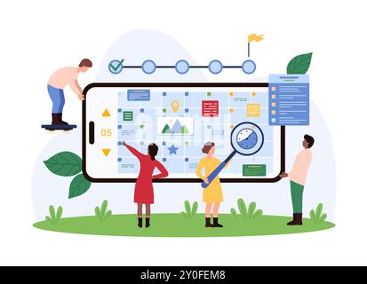 Online-Planorganisation in der mobilen Planer-App. Winzige Leute planen Meetings und Geschäftsereignisse, Arbeitsaufgaben mit Fokus auf Zeit, Arbeiten mit Kalender auf Smartphone-Bildschirm Cartoon Vektor Illustration Stock Vektor
