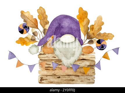 Handgezeichnete Aquarell-Vektor-Illustration enthält Ein Gnome in Einer Box und Halloween-Dekorationen, perfekt für Halloween Clipart Stock Vektor