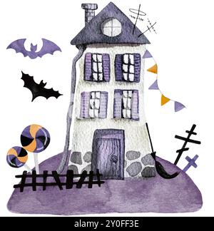 Handgezeichneter Aquarell Vektor Illustration zeigt Ein kleines Haus mit Kürbissen, perfekt als Halloween Clipart Stock Vektor
